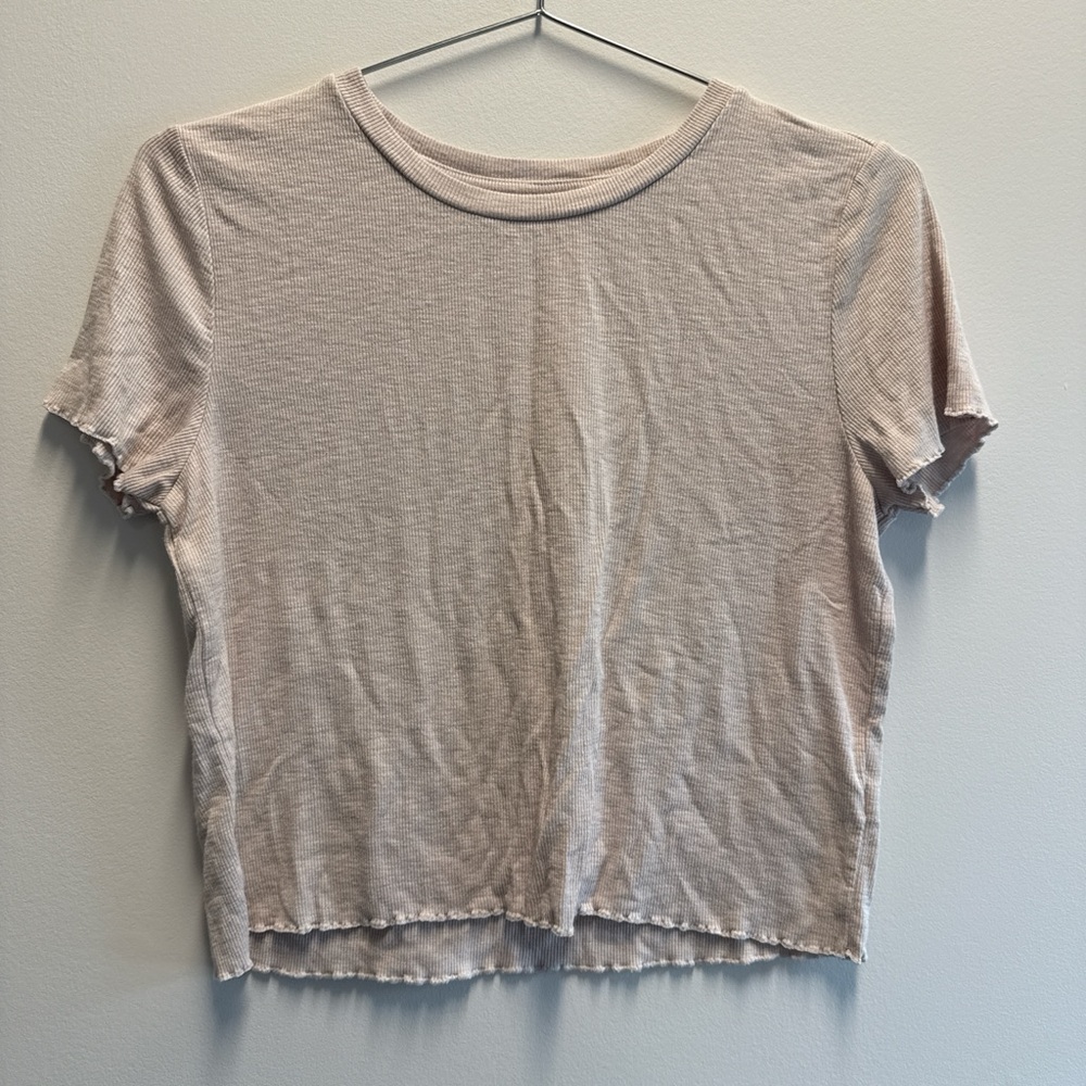 aerie Light Pink Ribbed Lettuce-Edge Crop Tee